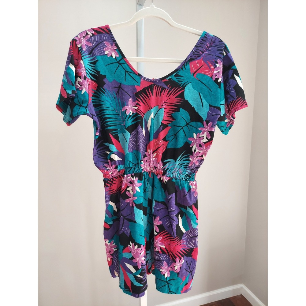 Vintage Tropical Floral Short Sleeve Romper Teal Purple Magenta Medium Resort